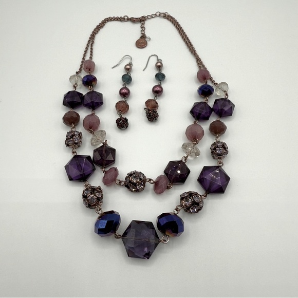 Vintage Liz Claiborne Elegant Sparkly Purple Beaded Necklace and Earring Set - Picture 1 of 9